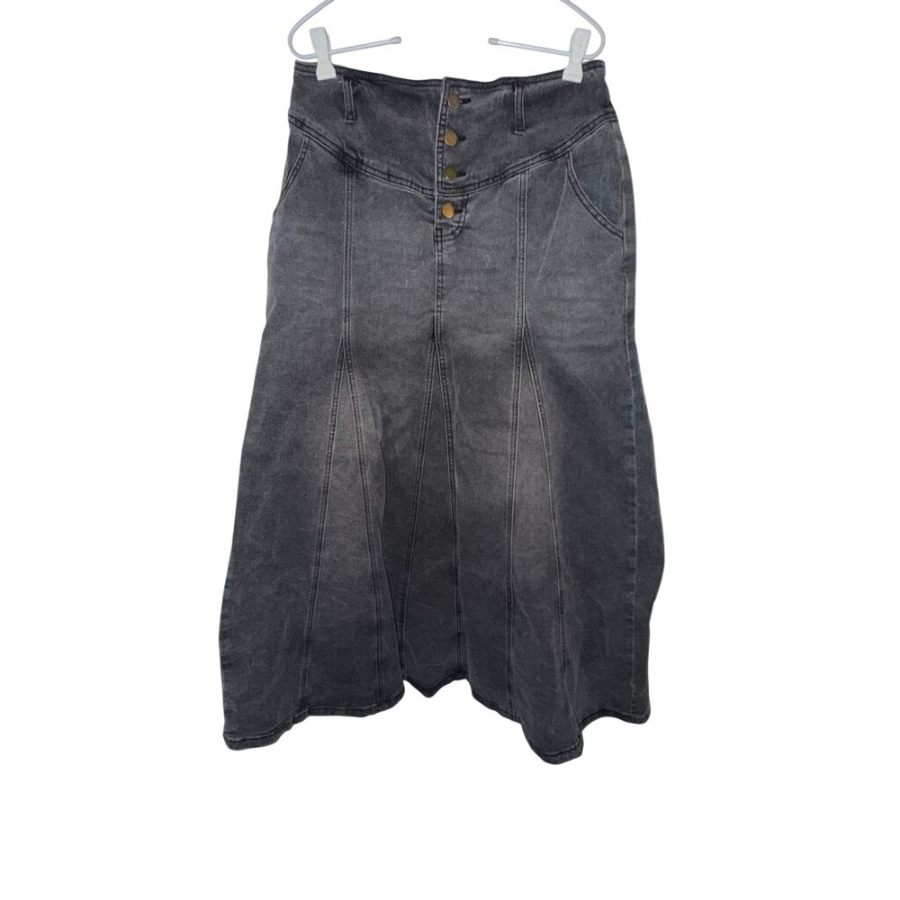 CHARTOU Womens L Gray Denim Maxi Skirt High Waist Button Front A-Line Y2K